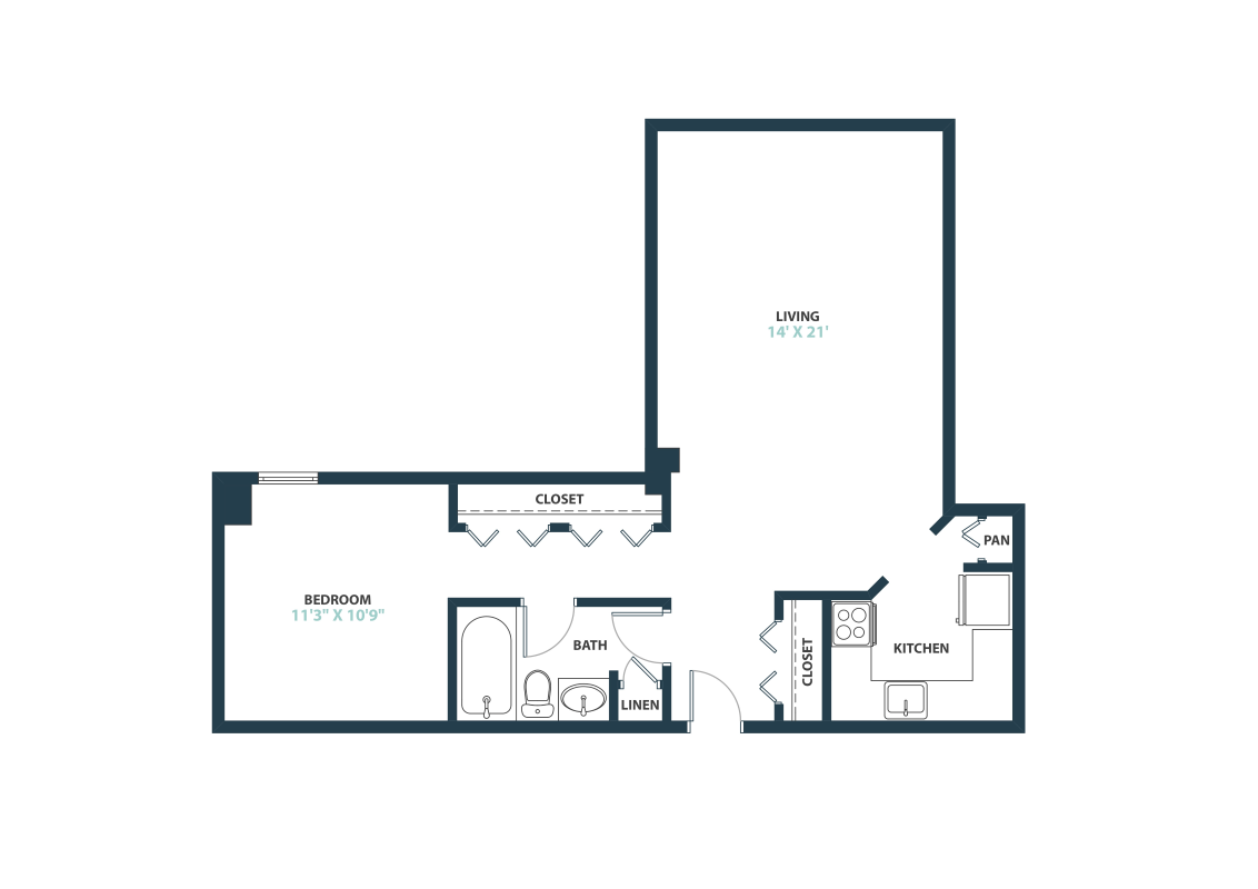 Floor plan for 1 bed, 1 bath, 662 sqft